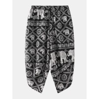 Mens Ethnic Style Print Drawdtring Asymmetrical Harem Pants