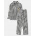 Mens Cotton Plaid Sunflower Chest Pocket Button Long Sleeve Comfy Home Pajamas Set